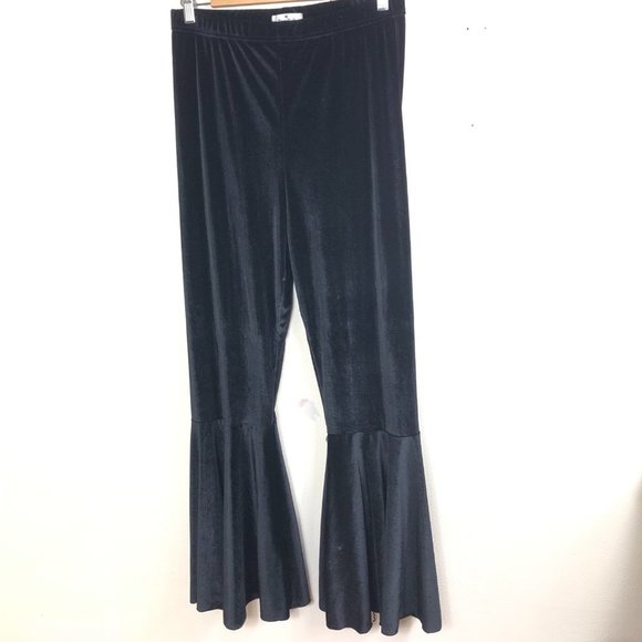 Marie Nicole Clothing Pants - MARIE NICOLE CLOTHING Black Crushed Velvet Flare Curtain Long Pants Size Large